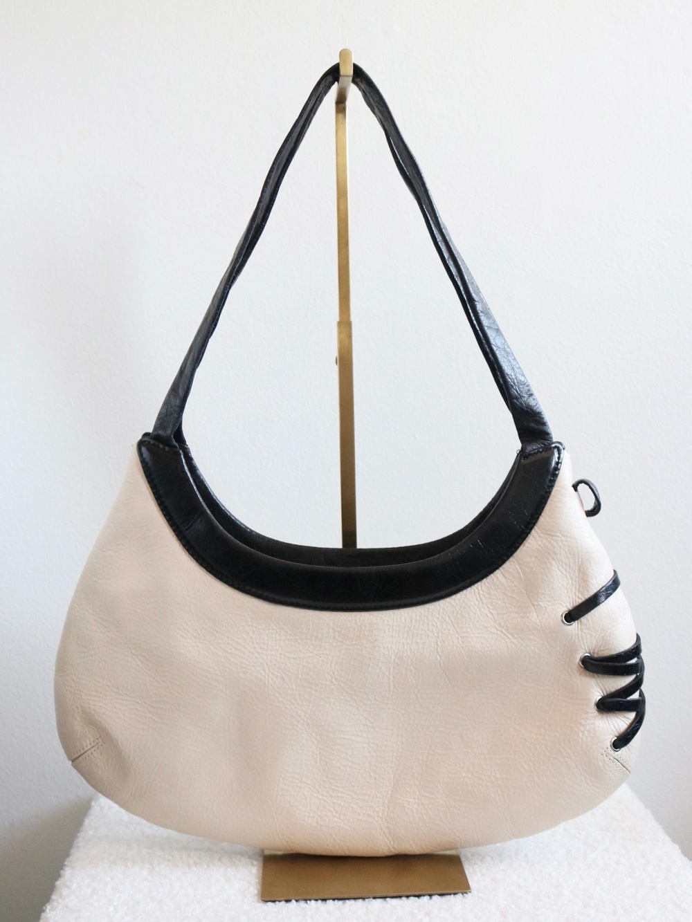 Vintage Genuine Leather Lace Up Hobo Crescent Bag Cream Black